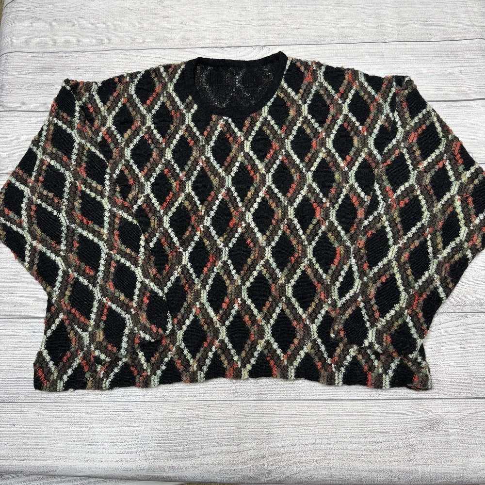 Vintage Italian Wool‎ Blend Sweater Geometric Diamond Knit Black Multicolor Crew
